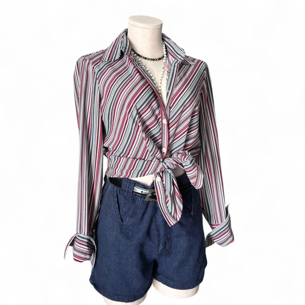 Vintage Worthington‎ Pinstripe Shirt Red Gray | Dark Academia Office Chic School